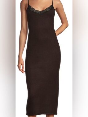 Every Knit by Kellywood Lace V-Neck Burnt Umber Midi Slip Dress: Medium